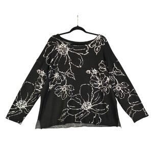 Tahari Womens Floral Knit Sweater Plus Size 1X Black White Button Back Stretch
